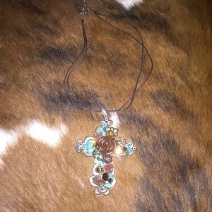 Cross necklace Silver Turquoise Beads Handmade